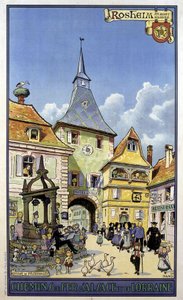 Regresso de peregrinação de Mont Sainte Odile a Rosheim - Cartaz dos caminhos-de-ferro da Alsácia e Lorena, de Hansi de Jean Jacques (1873 1951) Waltz