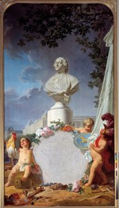Europa académica Representação alegórica da glória da França, o busto de Luís XVI (1754-1793) domina um mapa de posses francesas, um galo, angelos e símbolos das artes e das ciências. Pintura de Jean Jacques Bachelier (1724-1806) 1762 Versaille