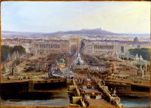 Revolução de 1848: Festa da Concord a 21 de Maio de 1848, partem da Place de la Concorde das corporações de trabalhadores que vão para os Champs de Mars. Pintura em papel maroufle de Jean Jacques Champin (1796-1860) 1848 Dim. 0,31 x 0,44 m. Paris, Musee Ca