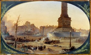 Revolução de 1848: "Vista da Praça da Bastilha e da barricada da entrada do Faubourg Saint Antoine a 25/06/1848" Pintura sobre papel maroufle de Jean Jacques Champin (1796-1860) 1848 Sol. 0,28 x 0,43 m Paris, Musee Carnavalet