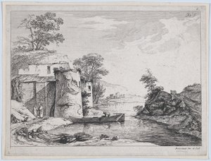 Antigas torres na margem do rio, 1763. de Jean Jacques de Boissieu