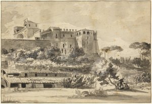 Vista de uma villa italiana e jardins (o Belvedere do Vaticano)