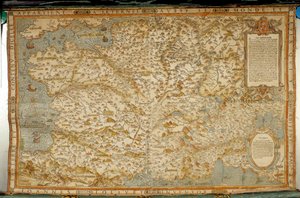 Mapa geográfico da Gália mostrando as fronteiras com a Alemanha e a Itália. Realizado pelo cartógrafo Jean Jolivet (século XVI) de Jean Jolivet