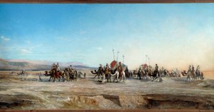 À procura de uma caravana de campismo de nómadas e camelos no deserto. Pintura de Jean Joseph Bellel (1816-1898) Montpellier do século XIX, Musee Fabre - À procura de um acampamento. Caravanas de nómadas e camelos no deserto. Pintura de Jean Joseph Bellel  de Jean Joseph Bellel