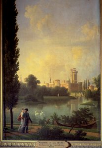 O castelo de Laxemburgo (Áustria), em primeiro plano o imperador da Áustria e a arquiduquesa Maria Luísa. Pintura de Joseph Bidault (1758-1846)