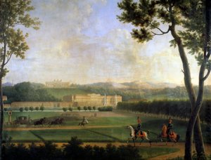 Vista do Palácio Imperial de Schonbrunn, Viena Áustria. Esta é a residência de verão dos Habsburgs construída no final do século XVII por Johann Fischer von Erlach. Detalhe de uma pintura de Joseph Bidault (1758-1846) 1810 Paris, msuee Marmottan