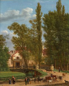 Aldeões e animais numa paisagem junto a uma ponte à entrada de uma aldeia de Jean Joseph Xavier Bidauld