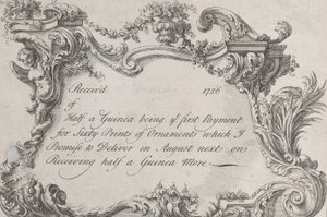 Cartão comercial para Frazer, Impressora do Exército, Papelaria e Encadernador, 1736. de Jean La Rocque