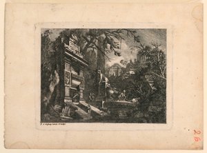 Fantasia arquitetônica com túmulo e ruínas, placa de "Giovan Inventione Ruins. Loren, Legeay Architet. Esculpido por ele mesmo em Luce 1768"