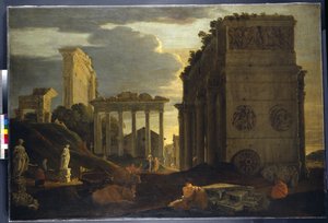 Vista Capriccio com figuras de um arco triunfal e os Templos de Saturno e Júpiter Tonans (óleo sobre tela)