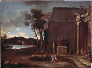 Paisagem com um sarcófago. Pintura de Jean Le Maire (1597-1659). Arte francesa, óleo sobre tela. Museu Hermitage, São Petersburgo