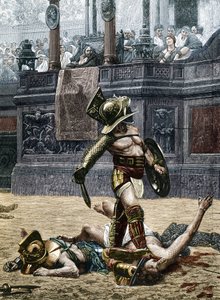 Gladiadores na Arena Romana. Os espectadores estão avisando o vencedor para não poupar seu oponente que ele venceu, e colocá-lo à morte. Gravura após um detalhe do quadro de Jean Leon (Jean-Leon) Gerome (1824-1904)