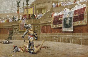 Gladiadores na arena romana: os espectadores fazem o sinal de "polegar para baixo", indicando que o vencedor não deve poupar o seu adversário. Cromolitografia segundo a pintura de JL Gerome. de Jean Leon Gerome