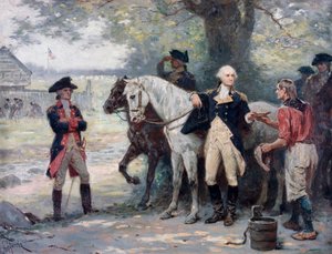 Guerra da Independência Americana (1775-1783): George Washington (1732-1789) a meio caminho de Brook, perto do acampamento militar do Exército Continental, um jovem traz-lhe uma bebida - Pintura de Jean Leon Gerome Ferris (1863-1930 ) de Jean Leon Gerome