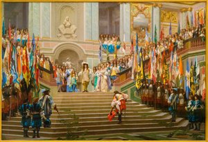 Recepção de Louis 2 de Bourbon Conde, disse o Grande Conde pelo rei Louis 14 a Versalhes em 1674 de Jean Leon Gerome