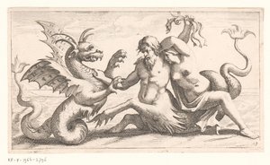 Tritão com mulher lutando contra um monstro marinho de Jean Lepautre (attributed to)