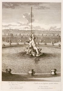 Fonte com Cupido disparando uma flecha de jato de água, projetada por Louis Lerambert, em Versalhes, 1677 de Jean Lepautre