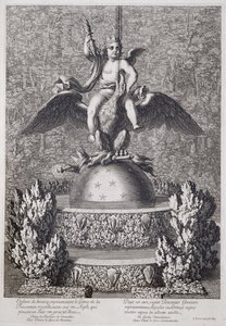 Fontes com uma criança representando o gênio da potência real por Pierre le Gros, em Versalhes, 1677 de Jean Lepautre