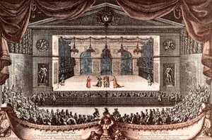 "Le malade imaginaire" (O Inválido Imaginário) de Jean Baptiste Poquelin dit Moliere em Versalhes (gravura colorida)