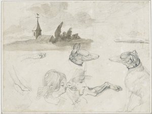 Folha de esboços: Galgos; uma cabeça de macho e uma cabeça de fêmea em de Jean Louis André Théodore Géricault