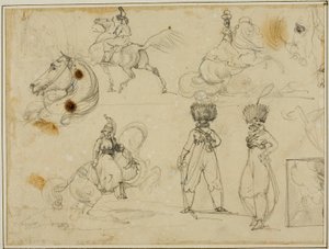 Folha de esboços: Soldados, cavalos e uma paisagem de Jean Louis André Théodore Géricault