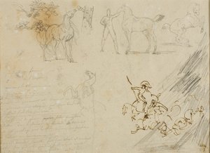 Esboços de cavalos, noivo a segurar o cavalo, uma batalha de cavalaria