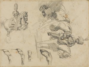 Esboços de cavalos, soldados e cascos