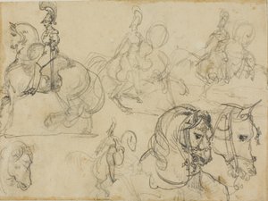 Esboços de carabineiros montados e cabeças de cavalos de Jean Louis André Théodore Géricault