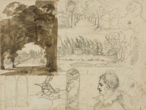 Esboços de vistas de parques, cabeças, um cavalo de Jean Louis André Théodore Géricault