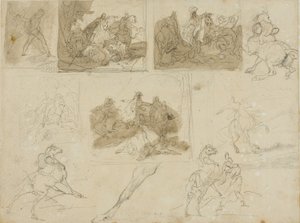 Esboços de uma batalha de cavalaria e estudos de um cavalo de tração de Jean Louis André Théodore Géricault