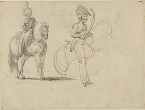 Esboços de um Chasseru Montado e de um Oficial de Cavalaria com Sabre Desenhado de Jean Louis André Théodore Géricault