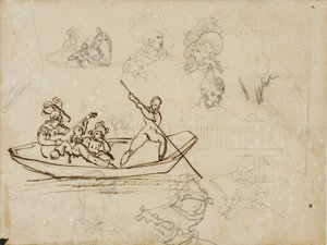 Esboços de uma festa musical num barco e de uma mulher que usa um chapéu alto de Jean Louis André Théodore Géricault