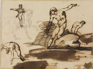 Estudo de Napoleão a cavalo com esboços de nus entre rochas de Jean Louis André Théodore Géricault