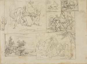 Três estudos com esboços de uma paisagem arborizada e de um combate de cavalaria de Jean Louis André Théodore Géricault