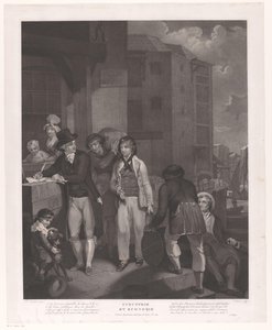 Grupo de figuras em frente a um armazém em um porto Indústria e Economia (título no objeto) de Jean Louis Darcis
