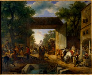Uma feira à porta de uma pousada Pintura de Jean Louis Demarne (1744-1829) Sol do século XIX. 0,5x0,6 m