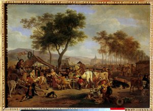 Feira na entrada de uma aldeia Cena de comida e comércio numa feira de aldeia. Pintura de Jean-Louis Demarne (1744-1829) Sol. 036x0,5 m