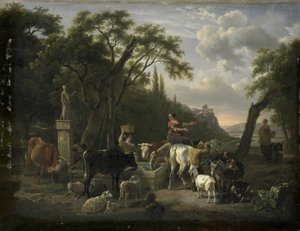Paisagem italiana com pastores e animais em uma fonte