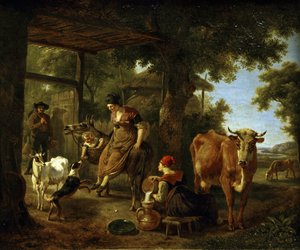 Na quinta. Uma cena da vida rural por Demarne, Jean-Louis (Jean Louis de Marne ou de Marnette) (ca. 1752-1829). Óleo sobre tela, Segunda metade do século XVIII, Museu de Arte Estadual A. Radishchev, Saratov