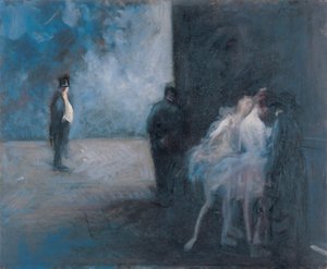 Bastidores - Sinfonia em Azul par Forain, Jean Louis (1852-1931), Entre 1900 e 1923 - Óleo sobre madeira, 45,3x54,7 - Museu de Arte de Ohara, Kurashiki de Jean Louis Forain