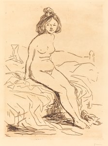 Mulher nua, sentada em sua cama, vista frontal