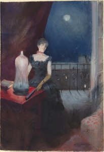 Mulher em pé com um ventilador de Jean Louis Forain