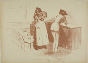 A massagem com luva de cabelo grosso, lavagem e placa de linha de Jean Louis Forain