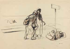 Dois soldados franceses perto de um Quadro de Avisos, c. 19141919. de Jean Louis Forain