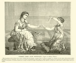 Mulheres fiando lã em uma casa, Roma antiga (gravura)