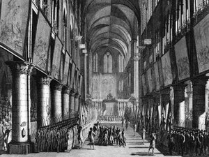 Revolução Francesa: Bênção das bandeiras da Guarda Nacional por Monsenhor Juigne na Igreja de Notre Dame em 27 de setembro de Jean Louis II (after) Prieur