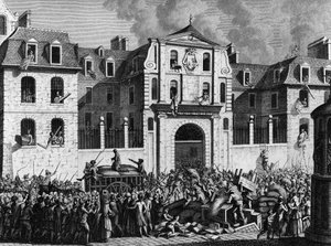 Revolução Francesa: Pilhagem da casa Saint Lazare em Paris, na segunda-feira 13 de Julho de 1789, pelos revolucionários. Gravura de Berthaut depois de Prior. Paris, Biblioteca do Instituto de História da Revolução