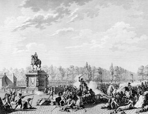 Revolução Francesa: Lugar Luís XV, os dragões de Charles Eugene de Lorraine, Príncipe de Lambesc (1754-1825) carregaram um cortejo carregando os bustos de Jacques Necker (1732-1804) e o Duque de Orleans a 12 de Julho de 1789. Gravado por Berthaut depois de