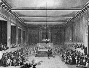 Revolução Francesa: A comuna de Paris dissuadiu um cidadão inglês Christopher John Williams Nesham (1771-1853) a 15 de Janeiro de 1790. Gravura de Berthaut d