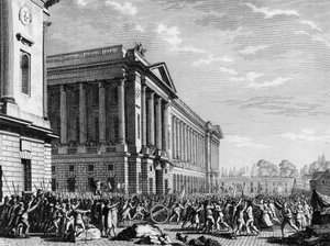 Revolução Francesa: O saque de armas na guarda de móveis (ou depósito de móveis agora hotel de la Marine) em 13 de julho de 1789, Place de la Concorde, Paris: a multidão, preocupada com o cerco da capital por regimentos estrangeiros, apreendeu as armas de 